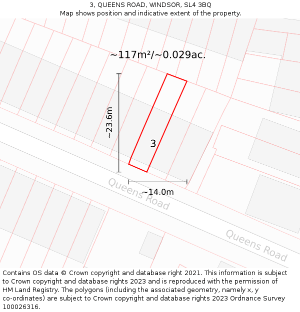3, QUEENS ROAD, WINDSOR, SL4 3BQ: Plot and title map