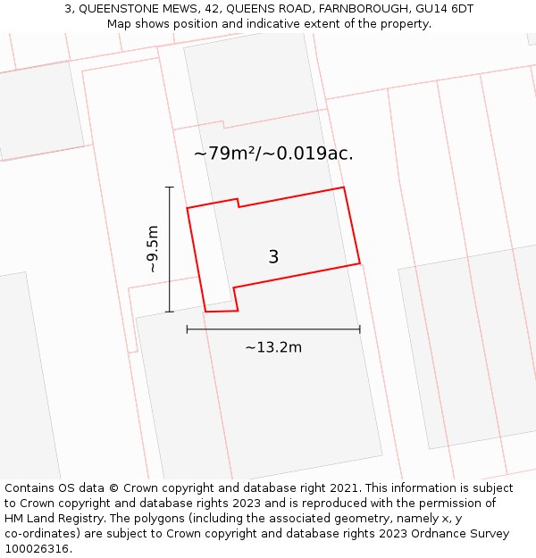3, QUEENSTONE MEWS, 42, QUEENS ROAD, FARNBOROUGH, GU14 6DT: Plot and title map