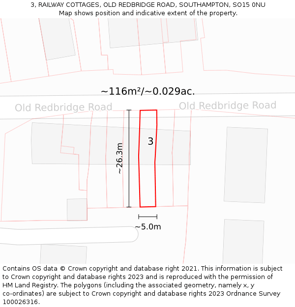 3, RAILWAY COTTAGES, OLD REDBRIDGE ROAD, SOUTHAMPTON, SO15 0NU: Plot and title map