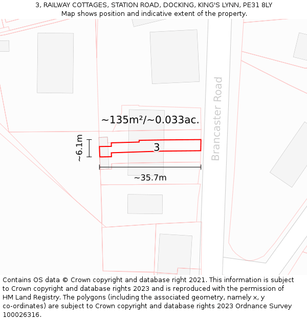 3, RAILWAY COTTAGES, STATION ROAD, DOCKING, KING'S LYNN, PE31 8LY: Plot and title map