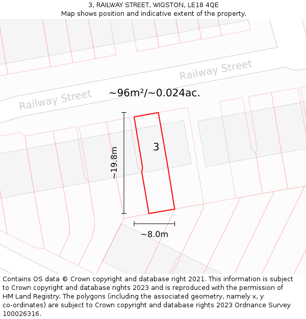 3, RAILWAY STREET, WIGSTON, LE18 4QE: Plot and title map