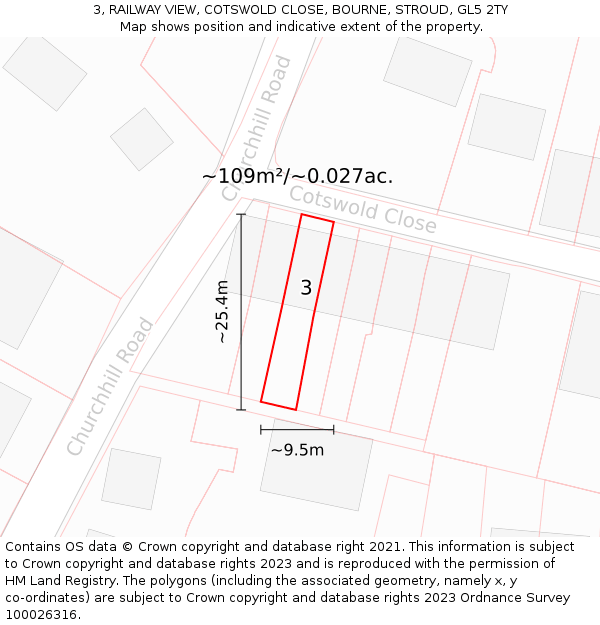 3, RAILWAY VIEW, COTSWOLD CLOSE, BOURNE, STROUD, GL5 2TY: Plot and title map