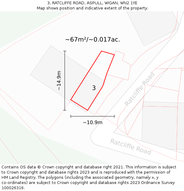 3, RATCLIFFE ROAD, ASPULL, WIGAN, WN2 1YE: Plot and title map