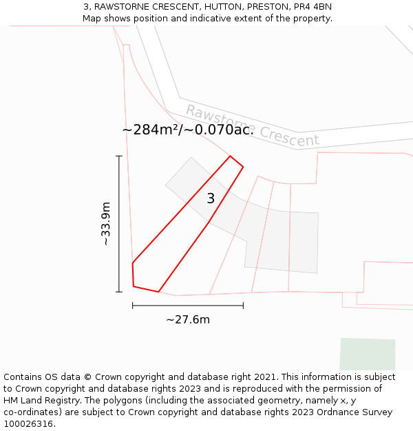 3, RAWSTORNE CRESCENT, HUTTON, PRESTON, PR4 4BN: Plot and title map