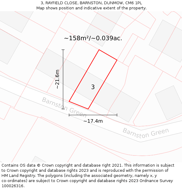 3, RAYFIELD CLOSE, BARNSTON, DUNMOW, CM6 1PL: Plot and title map