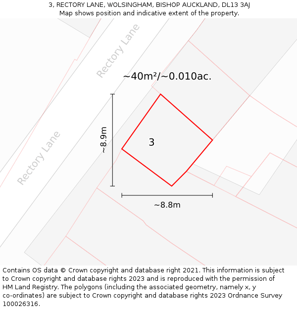 3, RECTORY LANE, WOLSINGHAM, BISHOP AUCKLAND, DL13 3AJ: Plot and title map