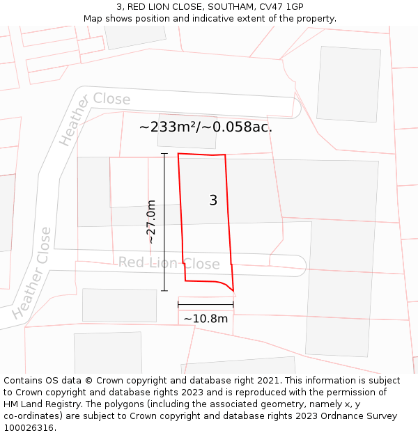 3, RED LION CLOSE, SOUTHAM, CV47 1GP: Plot and title map