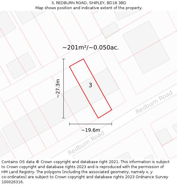 3, REDBURN ROAD, SHIPLEY, BD18 3BD: Plot and title map