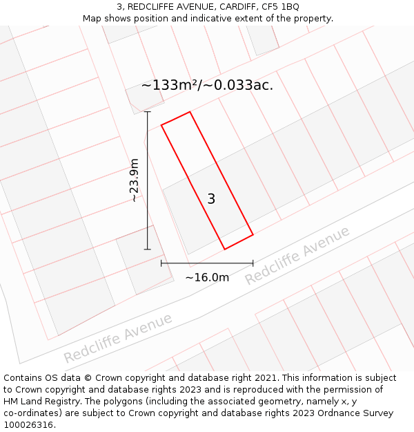 3, REDCLIFFE AVENUE, CARDIFF, CF5 1BQ: Plot and title map
