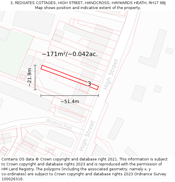 3, REDGATES COTTAGES, HIGH STREET, HANDCROSS, HAYWARDS HEATH, RH17 6BJ: Plot and title map