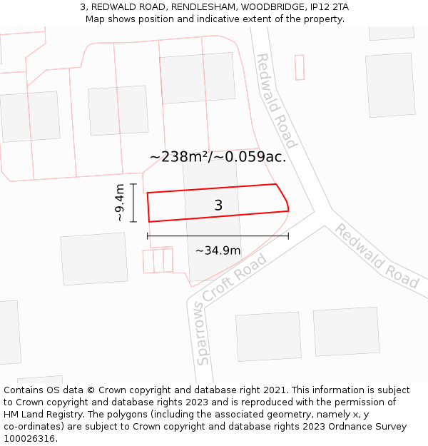 3, REDWALD ROAD, RENDLESHAM, WOODBRIDGE, IP12 2TA: Plot and title map