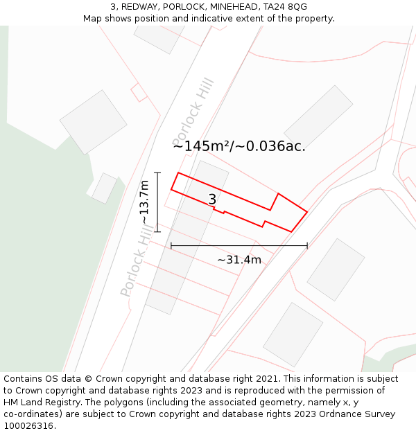 3, REDWAY, PORLOCK, MINEHEAD, TA24 8QG: Plot and title map