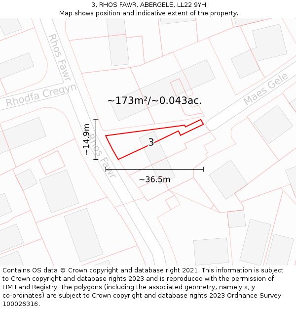 3, RHOS FAWR, ABERGELE, LL22 9YH: Plot and title map