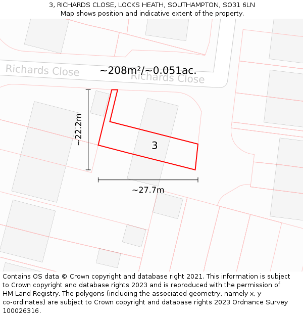 3, RICHARDS CLOSE, LOCKS HEATH, SOUTHAMPTON, SO31 6LN: Plot and title map