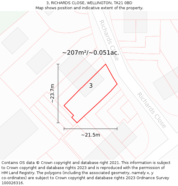 3, RICHARDS CLOSE, WELLINGTON, TA21 0BD: Plot and title map