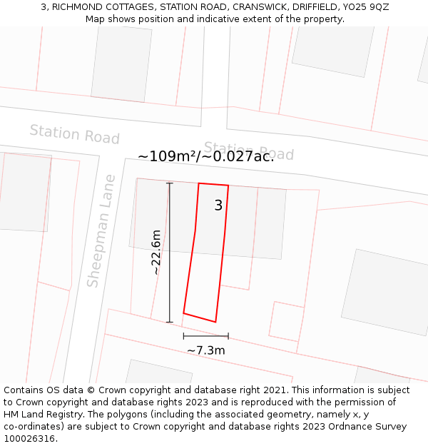 3, RICHMOND COTTAGES, STATION ROAD, CRANSWICK, DRIFFIELD, YO25 9QZ: Plot and title map