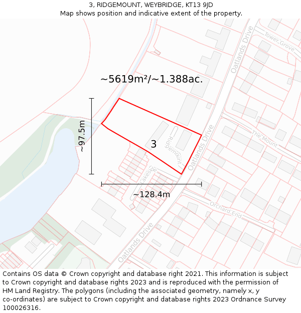 3, RIDGEMOUNT, WEYBRIDGE, KT13 9JD: Plot and title map