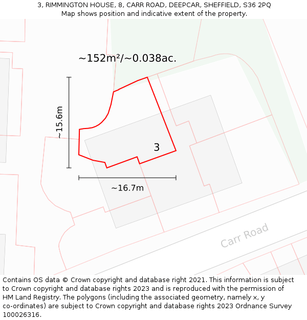 3, RIMMINGTON HOUSE, 8, CARR ROAD, DEEPCAR, SHEFFIELD, S36 2PQ: Plot and title map