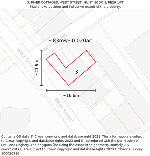 3, RIVER COTTAGES, WEST STREET, HUNTINGDON, PE29 1WT: Plot and title map