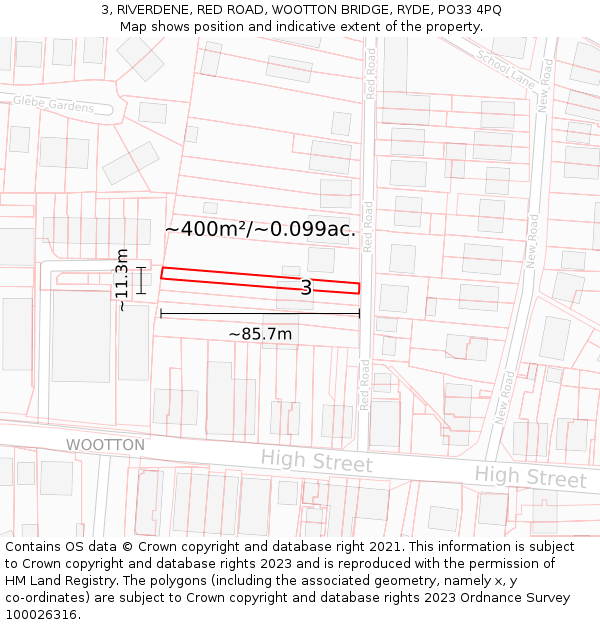3, RIVERDENE, RED ROAD, WOOTTON BRIDGE, RYDE, PO33 4PQ: Plot and title map