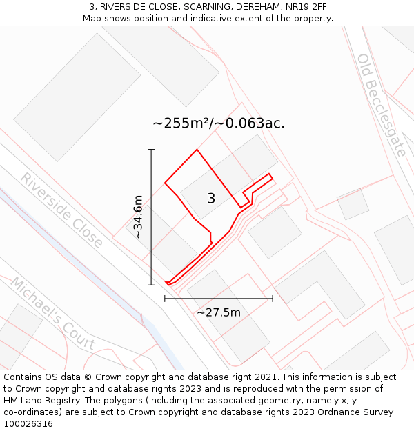 3, RIVERSIDE CLOSE, SCARNING, DEREHAM, NR19 2FF: Plot and title map