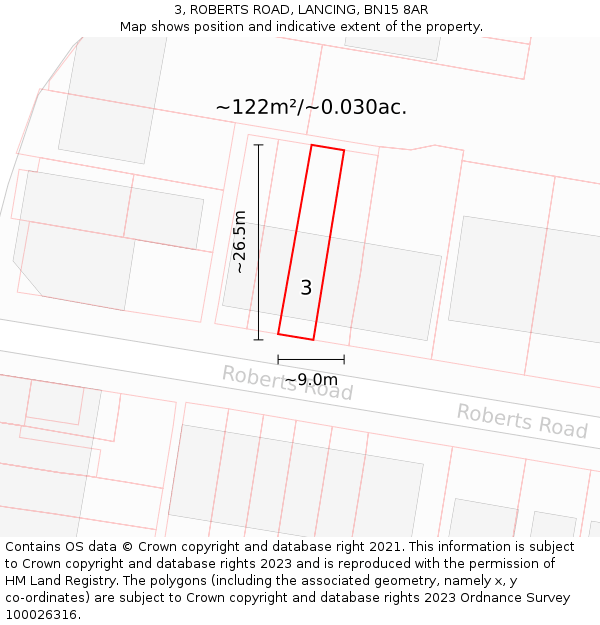 3, ROBERTS ROAD, LANCING, BN15 8AR: Plot and title map