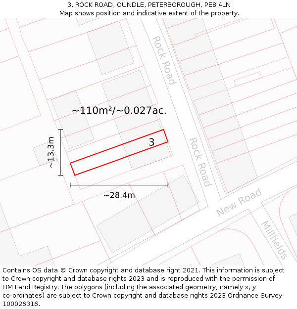 3, ROCK ROAD, OUNDLE, PETERBOROUGH, PE8 4LN: Plot and title map