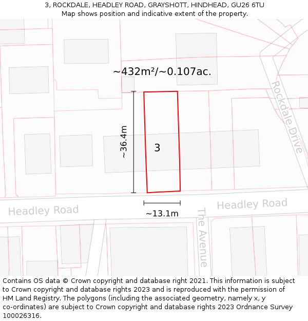 3, ROCKDALE, HEADLEY ROAD, GRAYSHOTT, HINDHEAD, GU26 6TU: Plot and title map