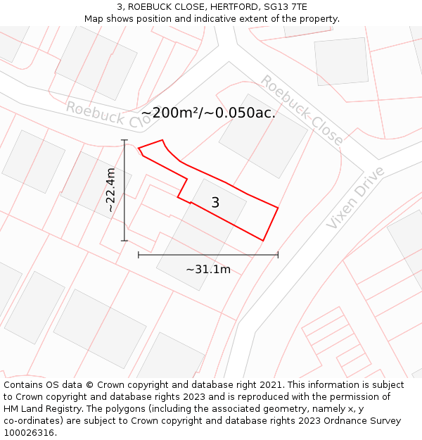 3, ROEBUCK CLOSE, HERTFORD, SG13 7TE: Plot and title map