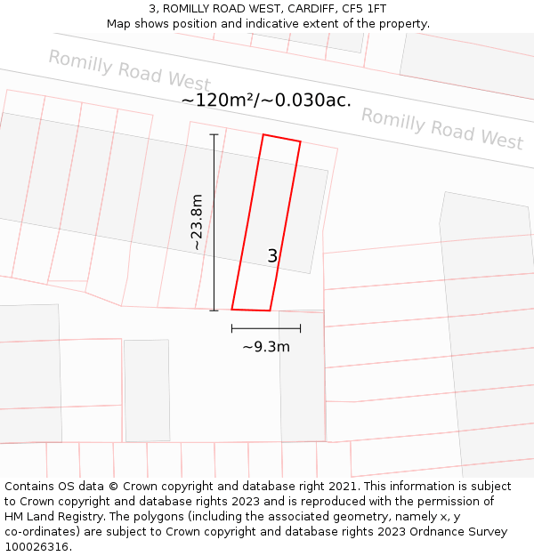 3, ROMILLY ROAD WEST, CARDIFF, CF5 1FT: Plot and title map