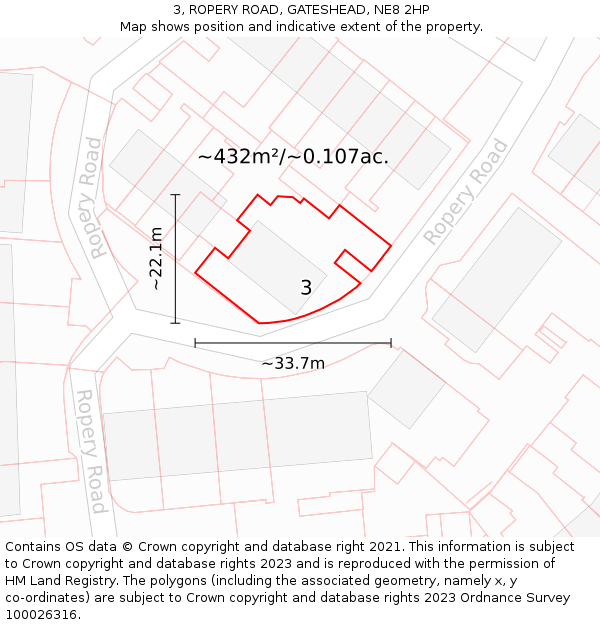 3, ROPERY ROAD, GATESHEAD, NE8 2HP: Plot and title map
