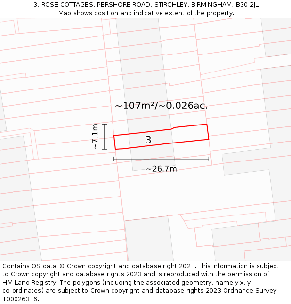 3, ROSE COTTAGES, PERSHORE ROAD, STIRCHLEY, BIRMINGHAM, B30 2JL: Plot and title map