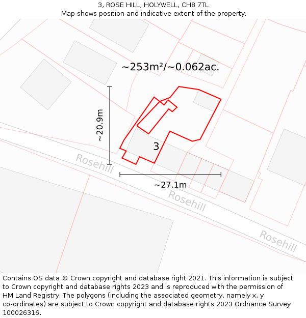 3, ROSE HILL, HOLYWELL, CH8 7TL: Plot and title map