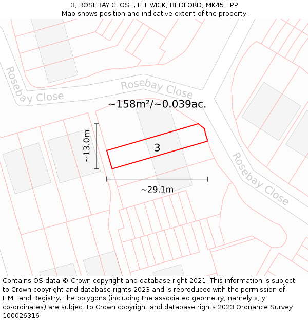 3, ROSEBAY CLOSE, FLITWICK, BEDFORD, MK45 1PP: Plot and title map