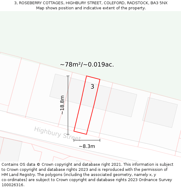 3, ROSEBERRY COTTAGES, HIGHBURY STREET, COLEFORD, RADSTOCK, BA3 5NX: Plot and title map