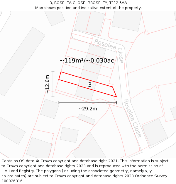 3, ROSELEA CLOSE, BROSELEY, TF12 5AA: Plot and title map