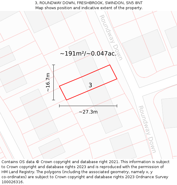 3, ROUNDWAY DOWN, FRESHBROOK, SWINDON, SN5 8NT: Plot and title map