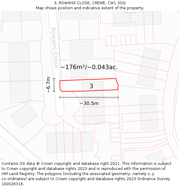 3, ROWANS CLOSE, CREWE, CW1 3GQ: Plot and title map