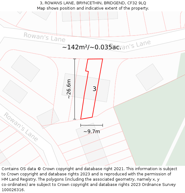 3, ROWANS LANE, BRYNCETHIN, BRIDGEND, CF32 9LQ: Plot and title map