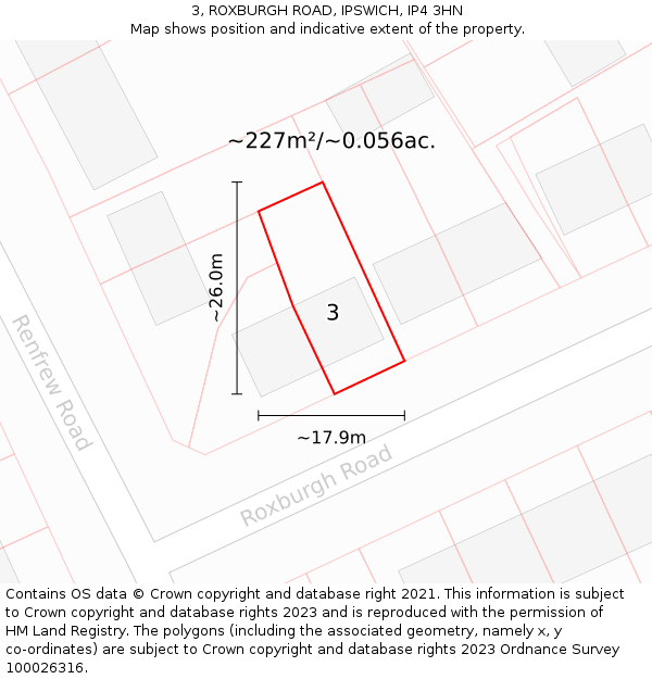 3, ROXBURGH ROAD, IPSWICH, IP4 3HN: Plot and title map