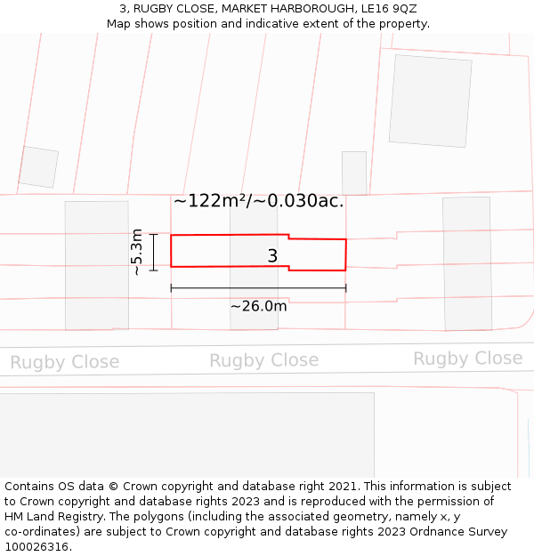3, RUGBY CLOSE, MARKET HARBOROUGH, LE16 9QZ: Plot and title map