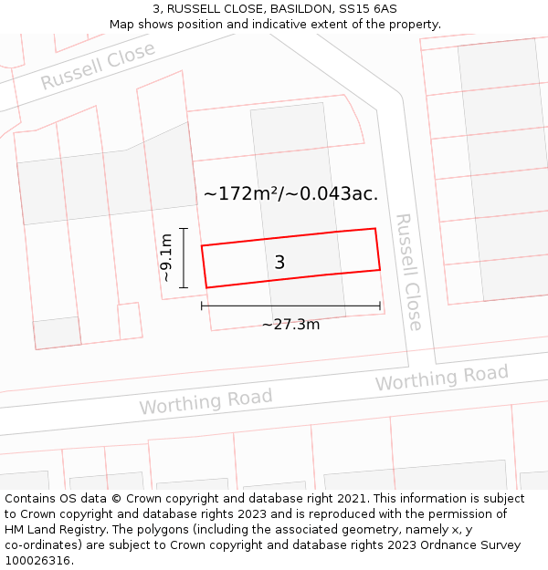 3, RUSSELL CLOSE, BASILDON, SS15 6AS: Plot and title map