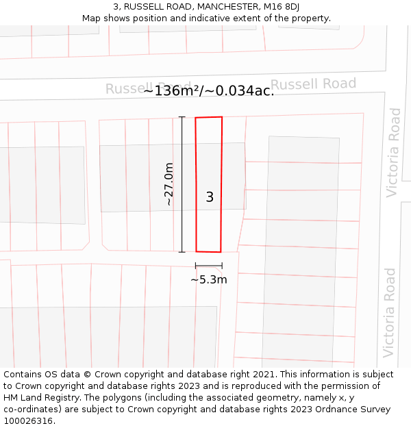 3, RUSSELL ROAD, MANCHESTER, M16 8DJ: Plot and title map