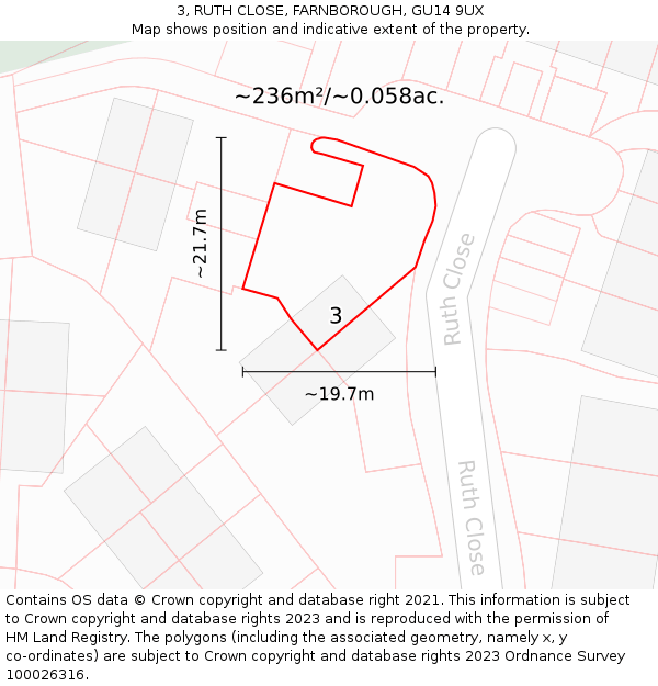 3, RUTH CLOSE, FARNBOROUGH, GU14 9UX: Plot and title map