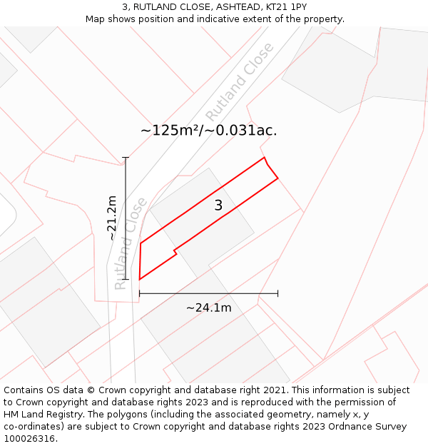 3, RUTLAND CLOSE, ASHTEAD, KT21 1PY: Plot and title map