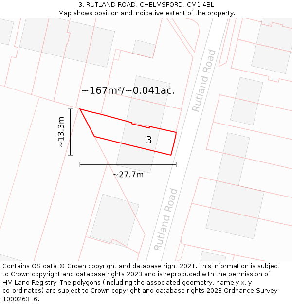 3, RUTLAND ROAD, CHELMSFORD, CM1 4BL: Plot and title map