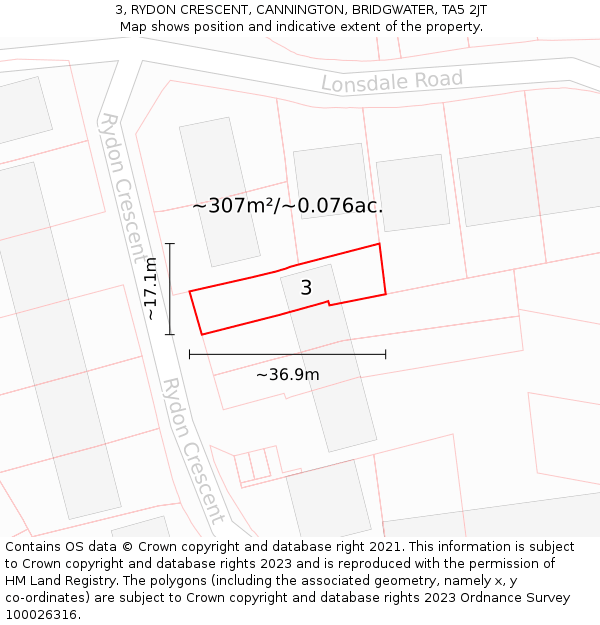 3, RYDON CRESCENT, CANNINGTON, BRIDGWATER, TA5 2JT: Plot and title map