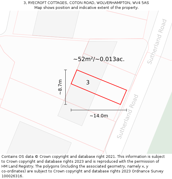 3, RYECROFT COTTAGES, COTON ROAD, WOLVERHAMPTON, WV4 5AS: Plot and title map