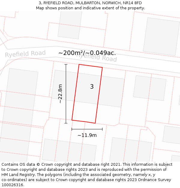 3, RYEFIELD ROAD, MULBARTON, NORWICH, NR14 8FD: Plot and title map