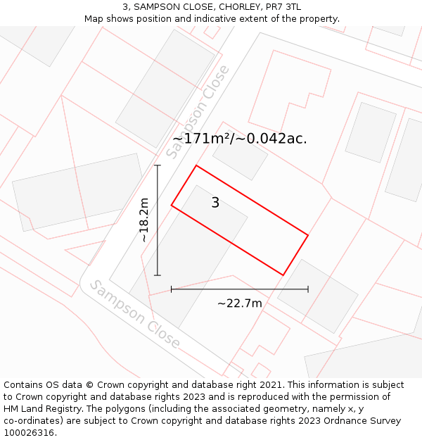 3, SAMPSON CLOSE, CHORLEY, PR7 3TL: Plot and title map